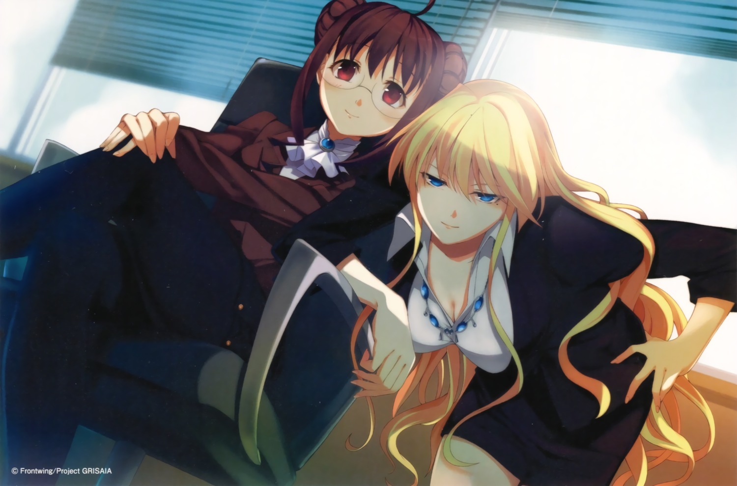 business_suit cleavage endcard grisaia grisaia_no_kajitsu harudera_yuria megane pantyhose scanning_dust tachibana_chizuru yuunagi