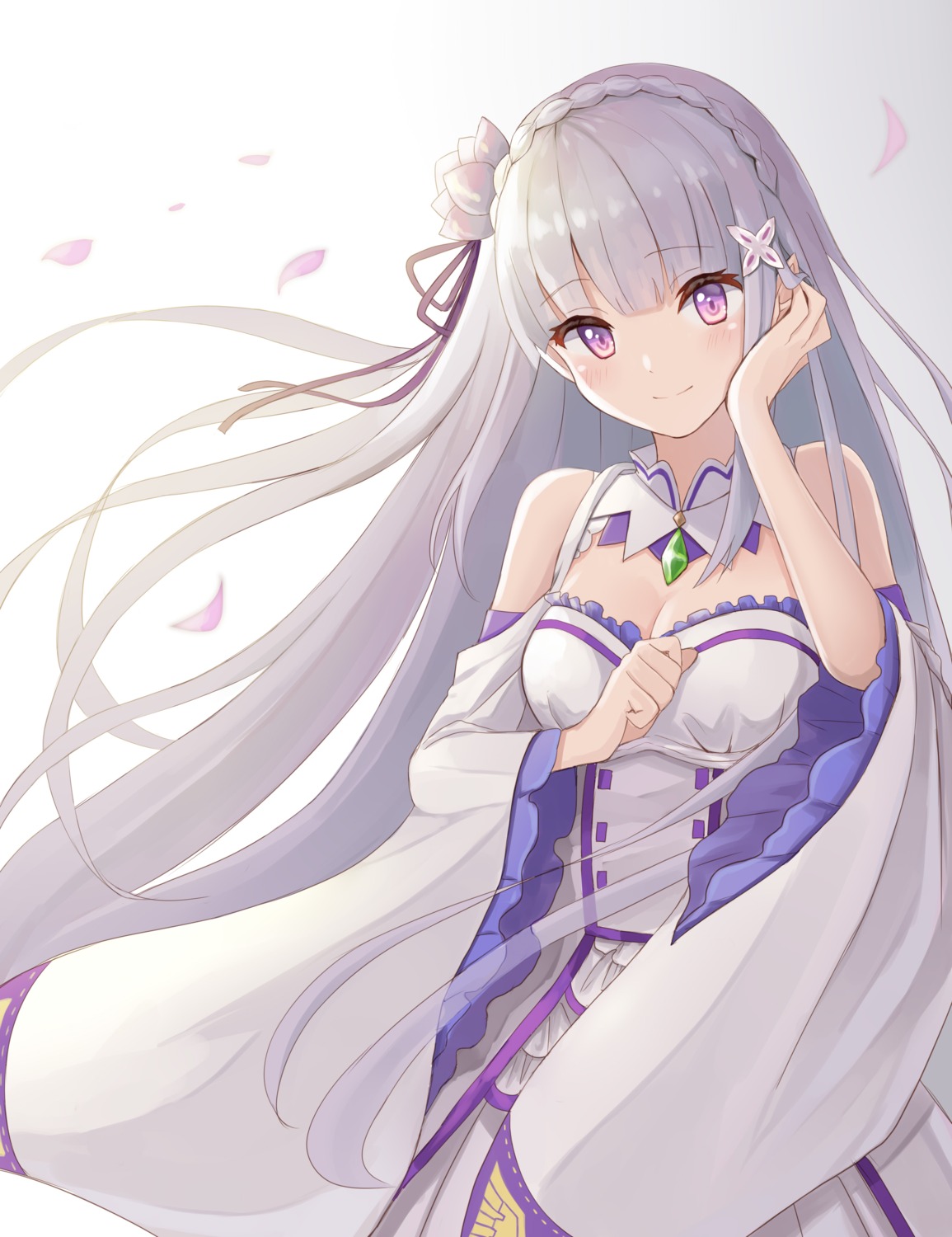 cleavage dress elf emilia_(re_zero) kotatsu_(pixiv17790396) pointy_ears re_zero_kara_hajimeru_isekai_seikatsu