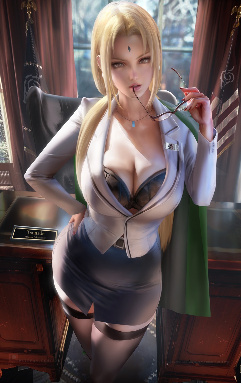 bra business_suit lingerie megane naruto naruto_shippuden open_shirt sakimichan stockings thighhighs tsunade