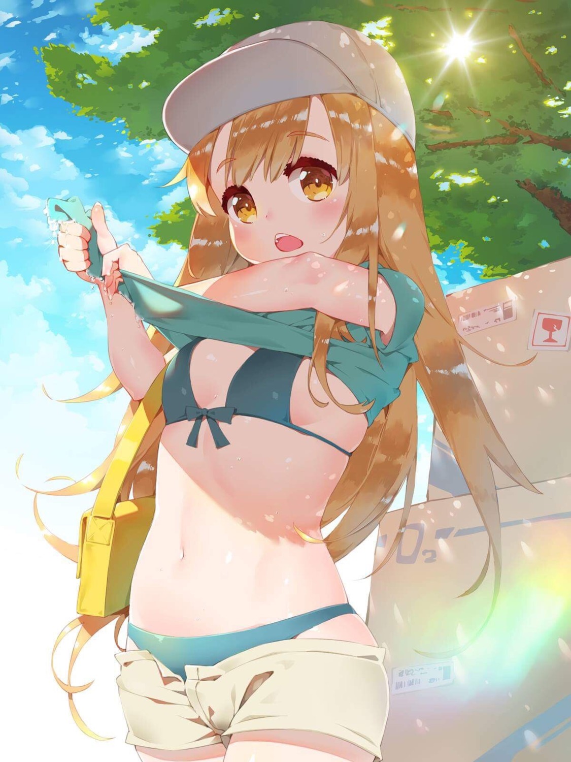 bikini hataraku_saibou loli platelet_(hataraku_saibou) shirt_lift swimsuits waterring