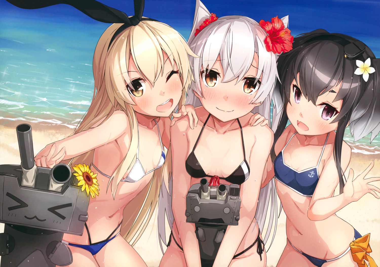 amatsukaze_(kancolle) bikini cleavage kantai_collection rensouhou-chan shimakaze_(kancolle) swimsuits takanashi_kei_(hitsujikan) tokitsukaze_(kancolle)