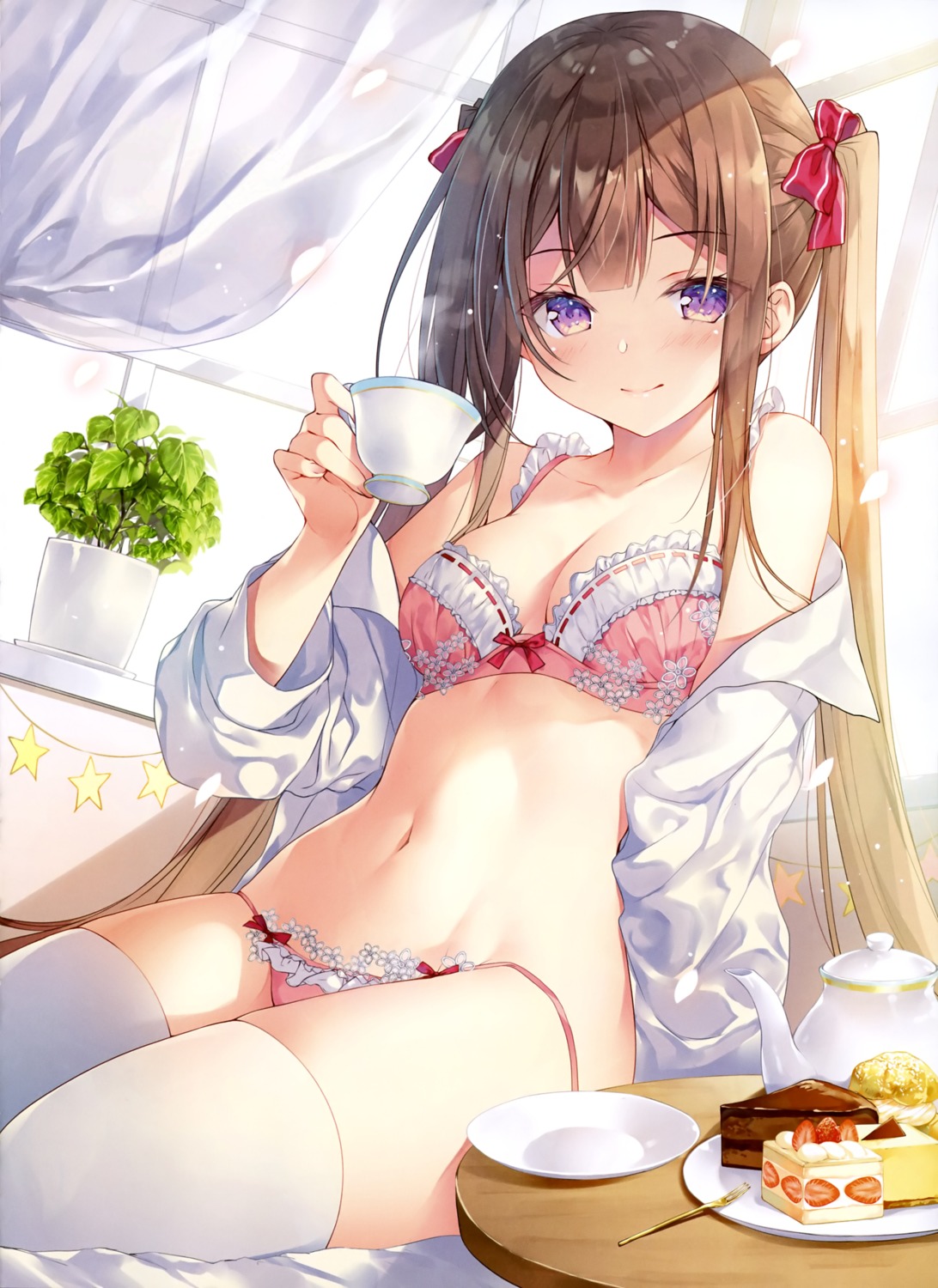 bra cleavage detexted dress_shirt miwabe_sakura open_shirt pantsu string_panties thighhighs