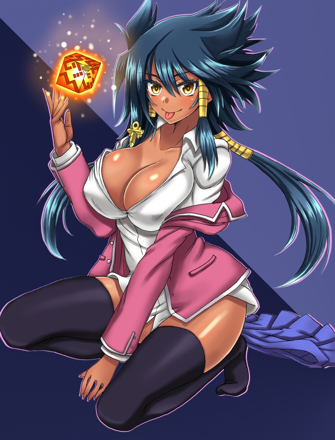 aigami cleavage erect_nipples no_bra open_shirt seifuku takecha thighhighs yugioh