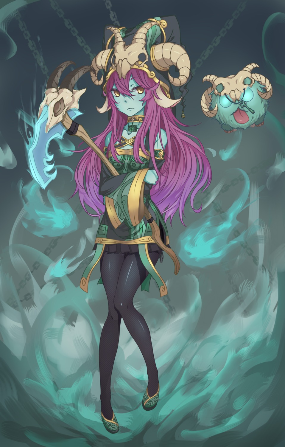 animal_ears horns league_of_legends lulu_(league_of_legends) pantyhose sakimeikun-daze thresh_(league_of_legends) weapon