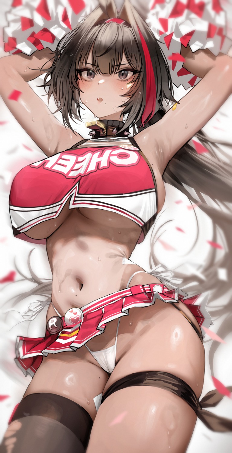 bandaid bay cameltoe cheerleader garter mochirong nikke_the_goddess_of_victory no_bra pantsu skirt_lift string_panties tattoo thighhighs thong torn_clothes wet