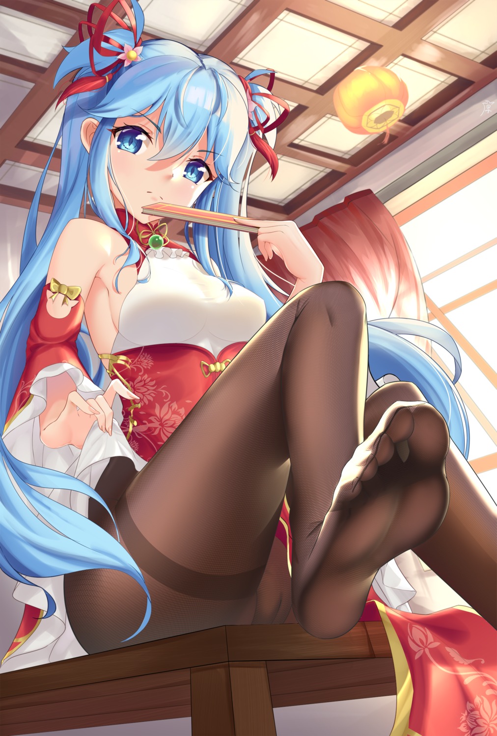 cameltoe chinadress feet kaede_uehara no_bra pantyhose skirt_lift