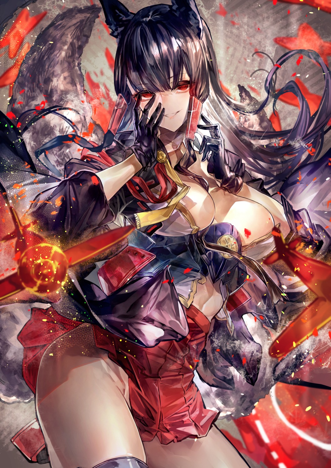 akagi_(azur_lane) animal_ears apt azur_lane kitsune no_bra nopan open_shirt skirt_lift tail