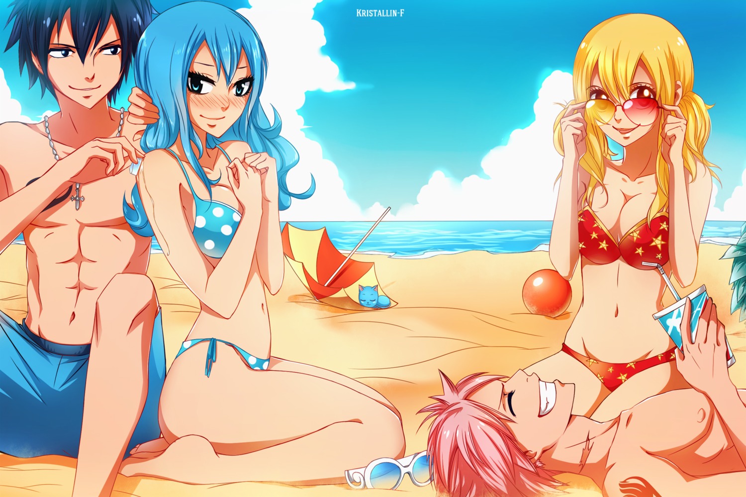 bikini breast_hold cleavage fairy_tail gray_fullbuster happy_(fairy_tail) juvia_lockser kristallin-f lucy_heartfilia megane natsu_dragneel neko swimsuits watermark