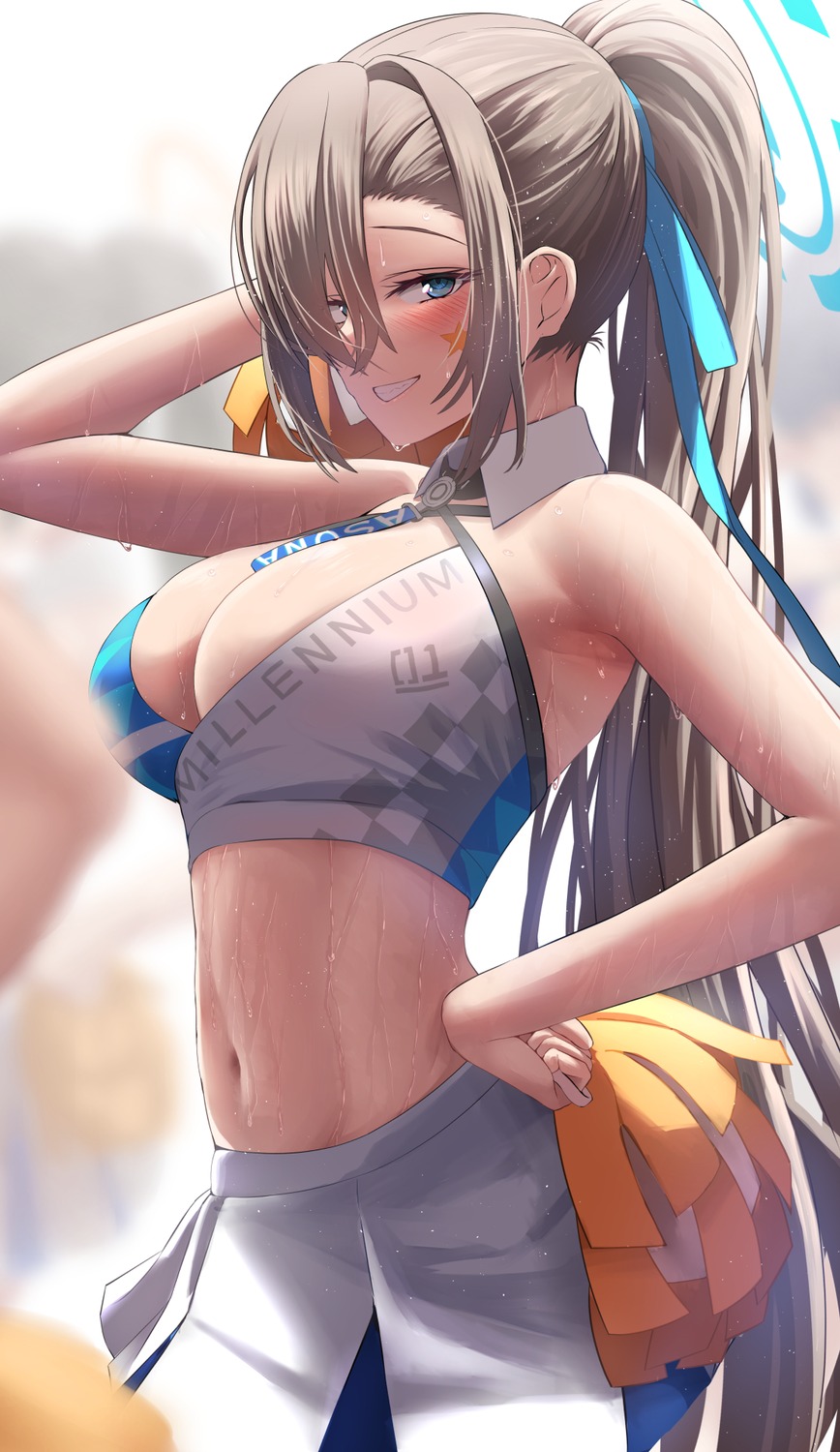 blue_archive cheerleader halo ichinose_asuna no_bra silver_bullet_(ecc12_8) tattoo wet