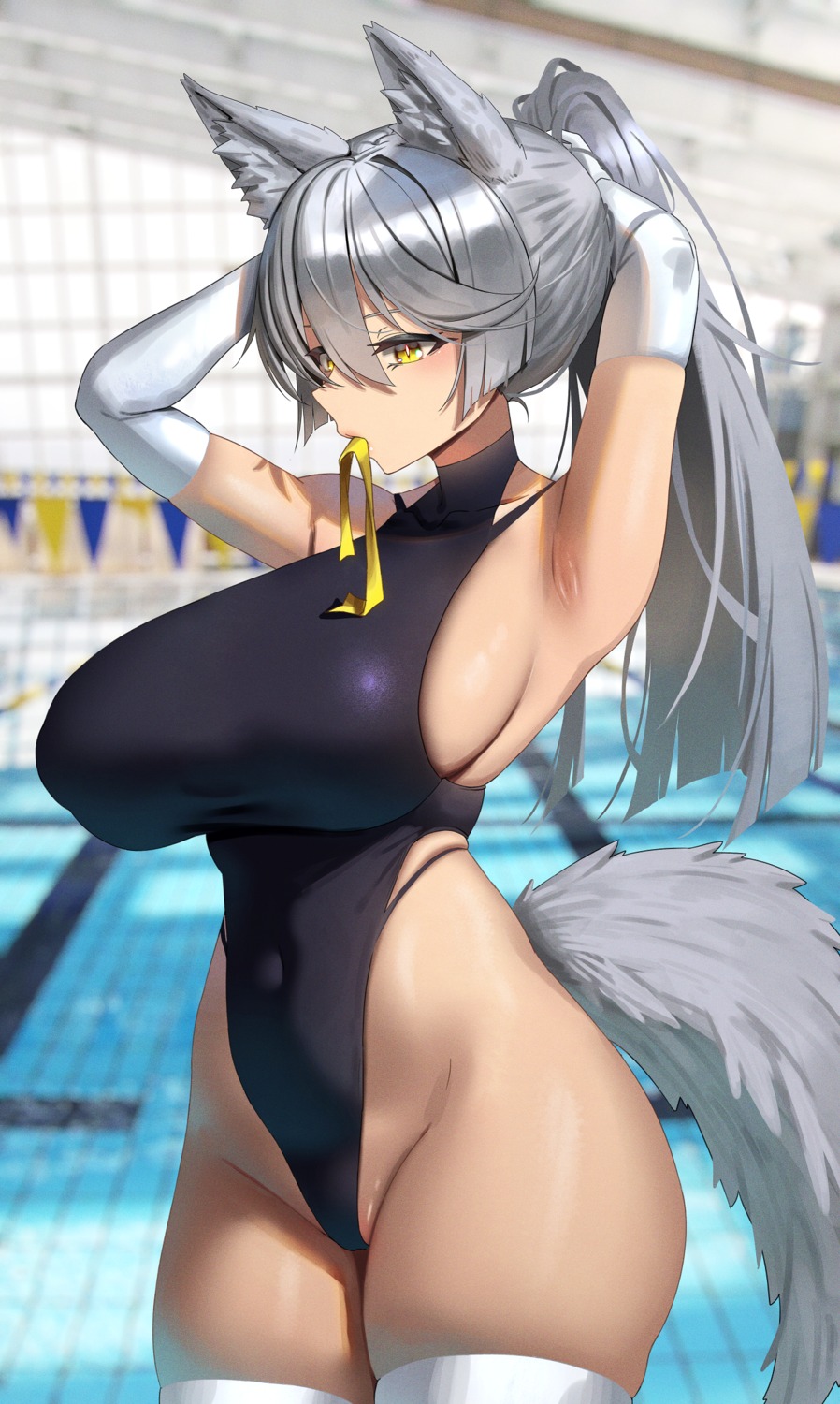 anima_(togashi) animal_ears erect_nipples swimsuits tail thighhighs