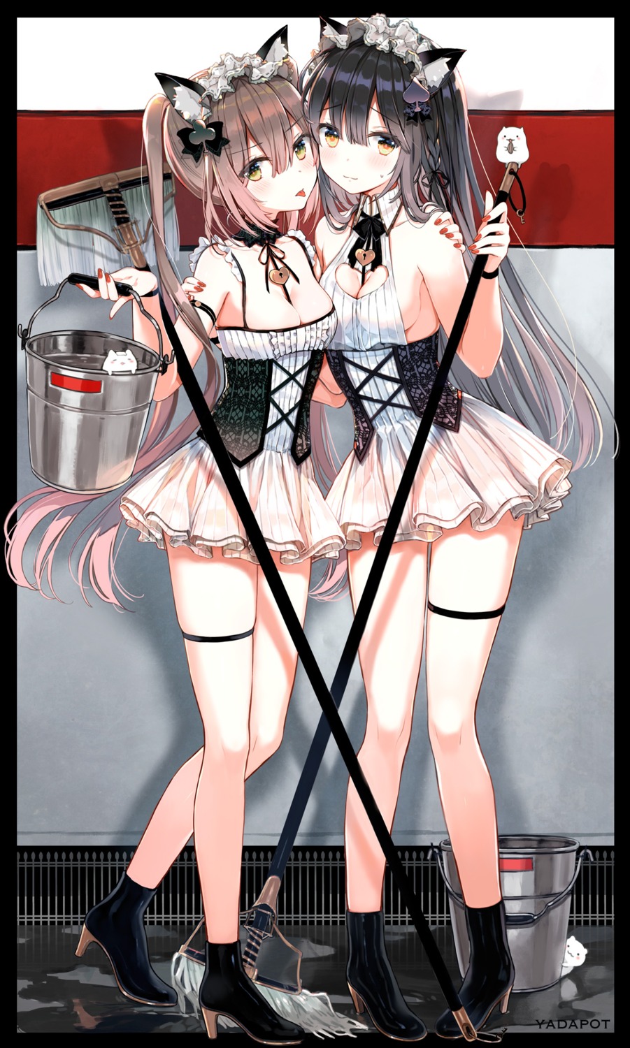 animal_ears garter heels maid nekomimi no_bra see_through tail yada_potato