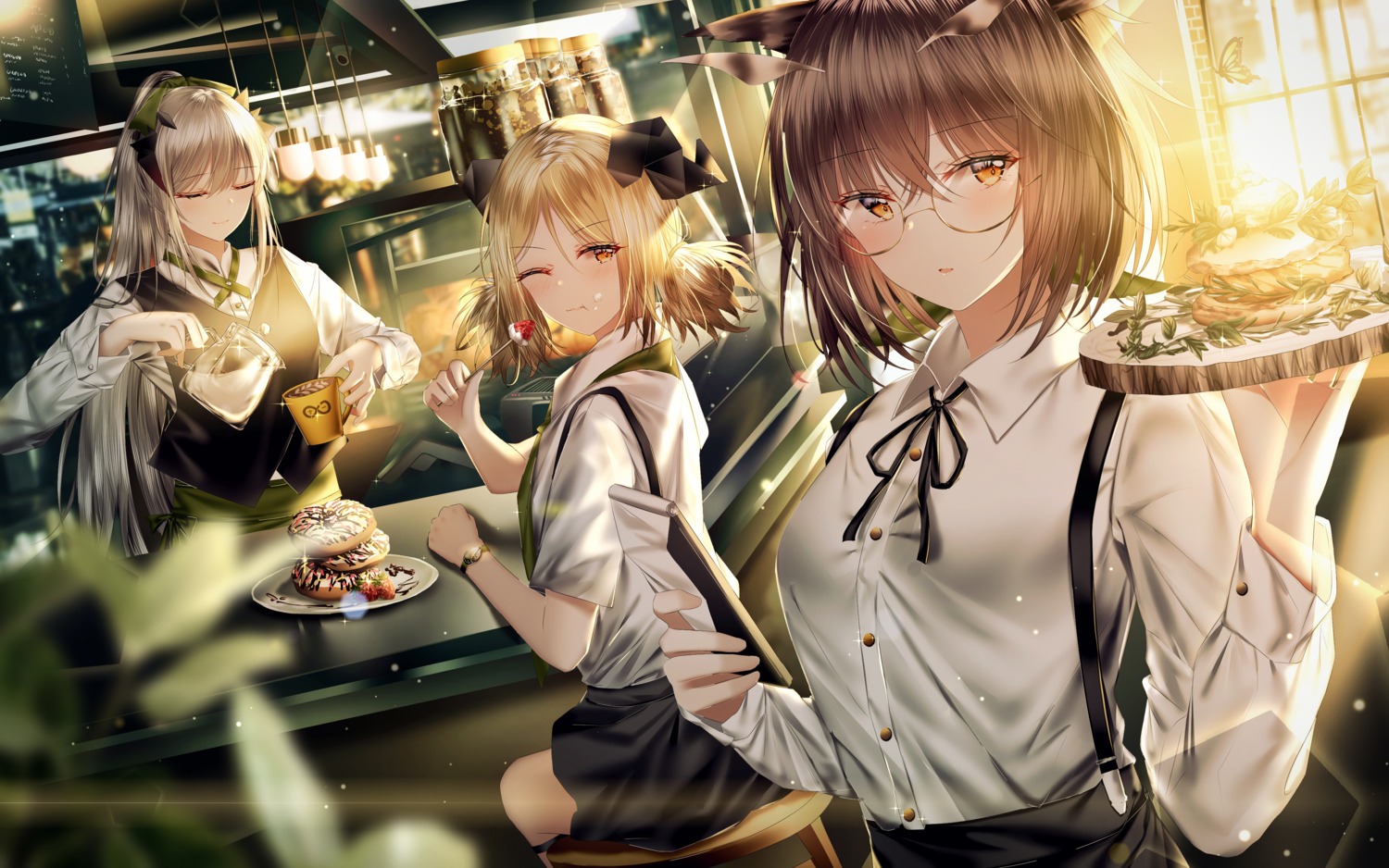 animal_ears arknights ifrit_(arknights) junpaku_karen megane saria_(arknights) silent_(arknights) waitress