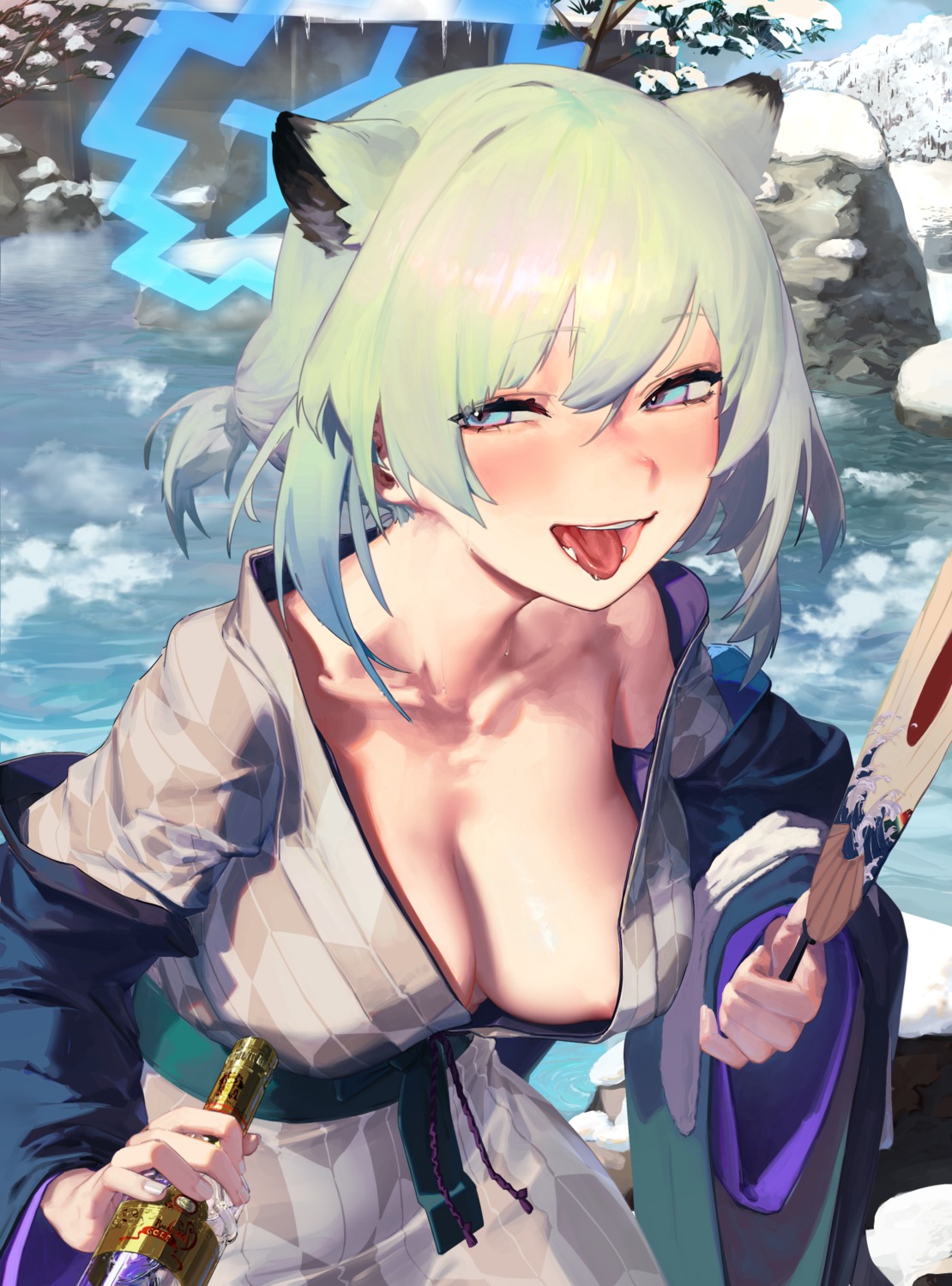 animal_ears areola blue_archive halo mayoi_shigure no_bra open_shirt wardrobe_malfunction waterswing yukata