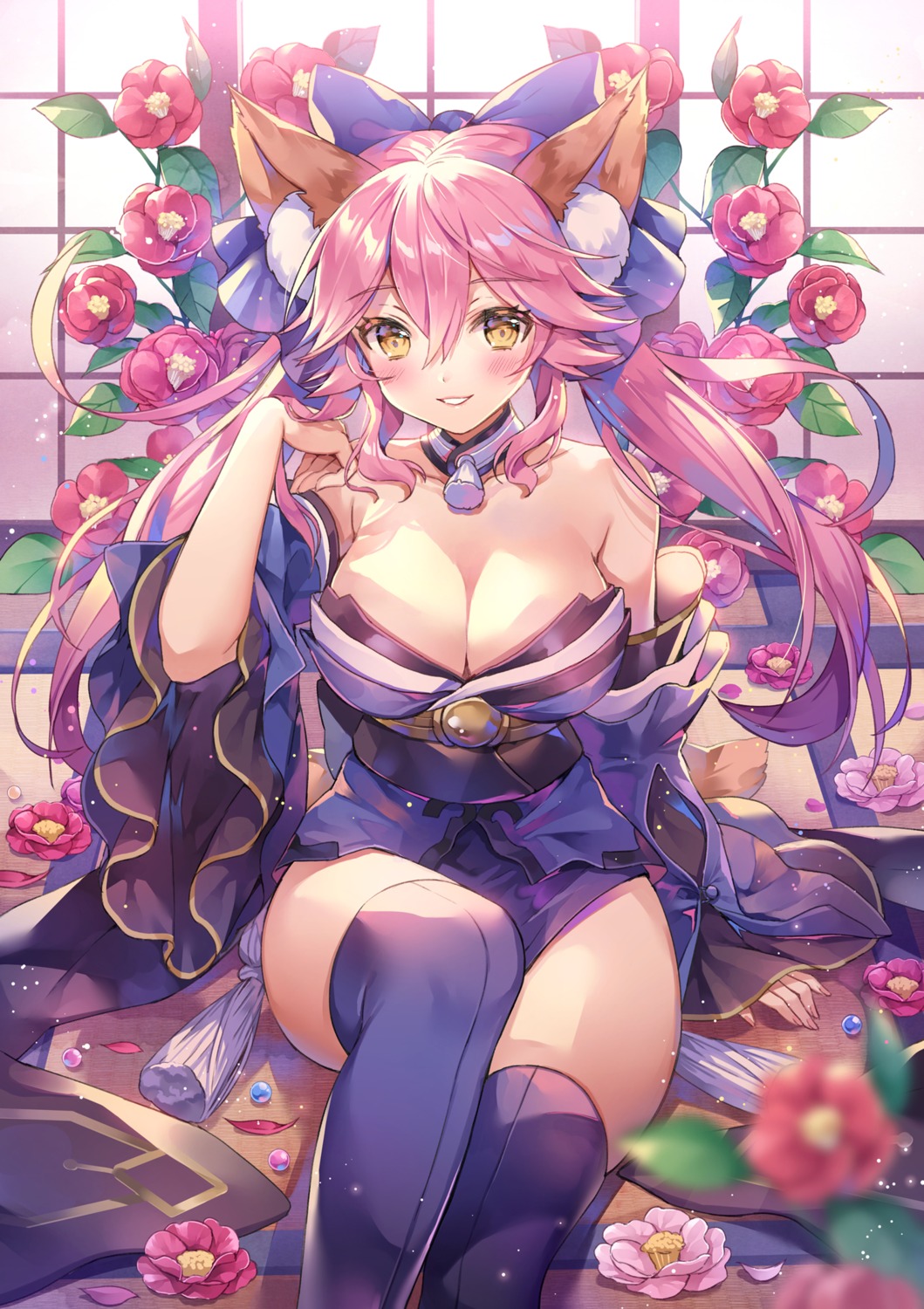 animal_ears cleavage fate/grand_order japanese_clothes tamamo_no_mae thighhighs yeonwa