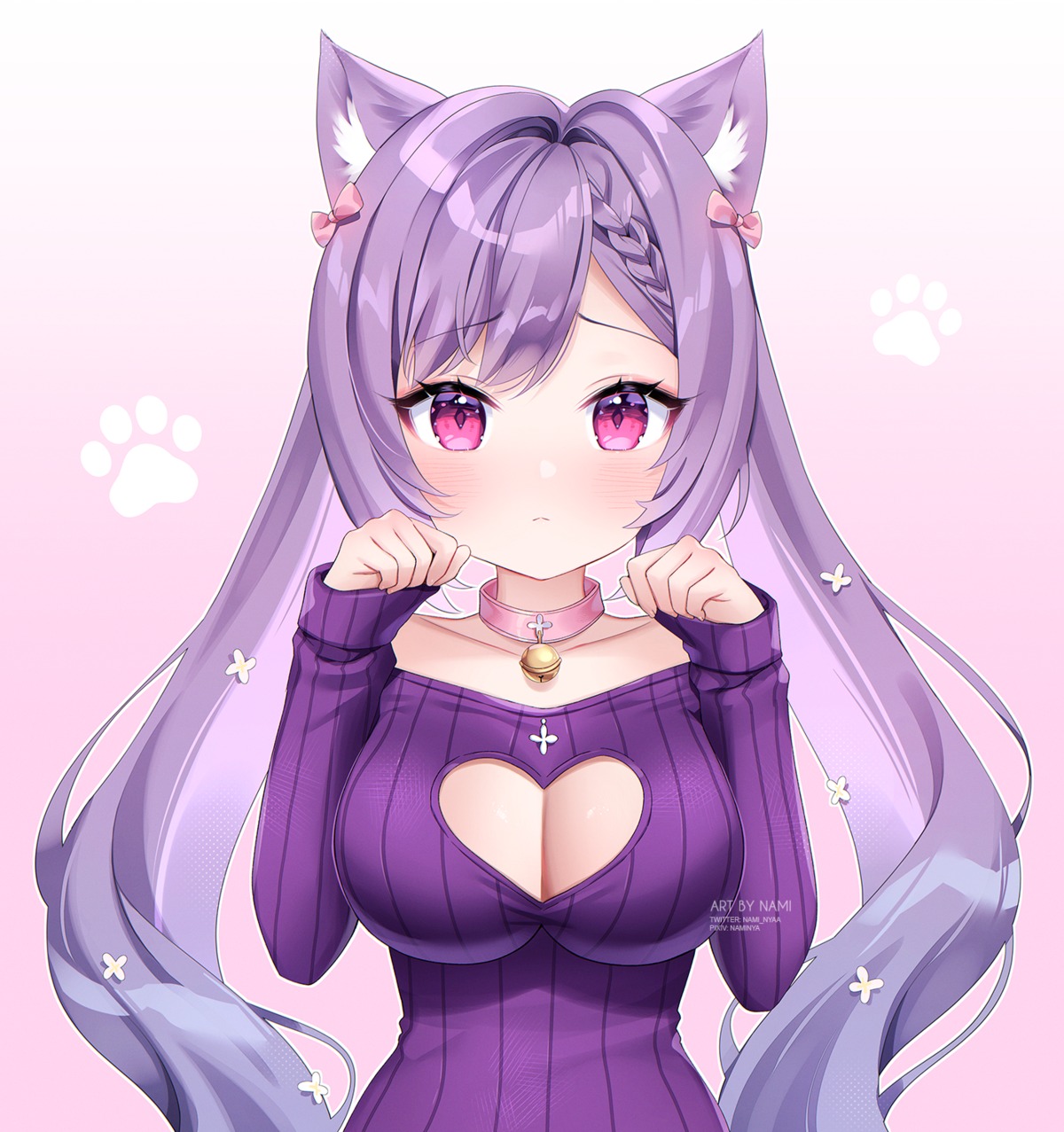 animal_ears cleavage genshin_impact keqing nami_(nyaa) nekomimi no_bra sweater