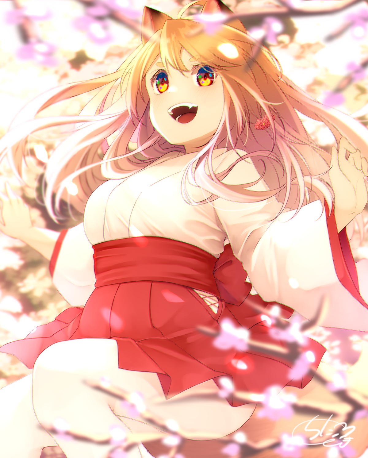 animal_ears chita_(ketchup) kitsune miko skirt_lift