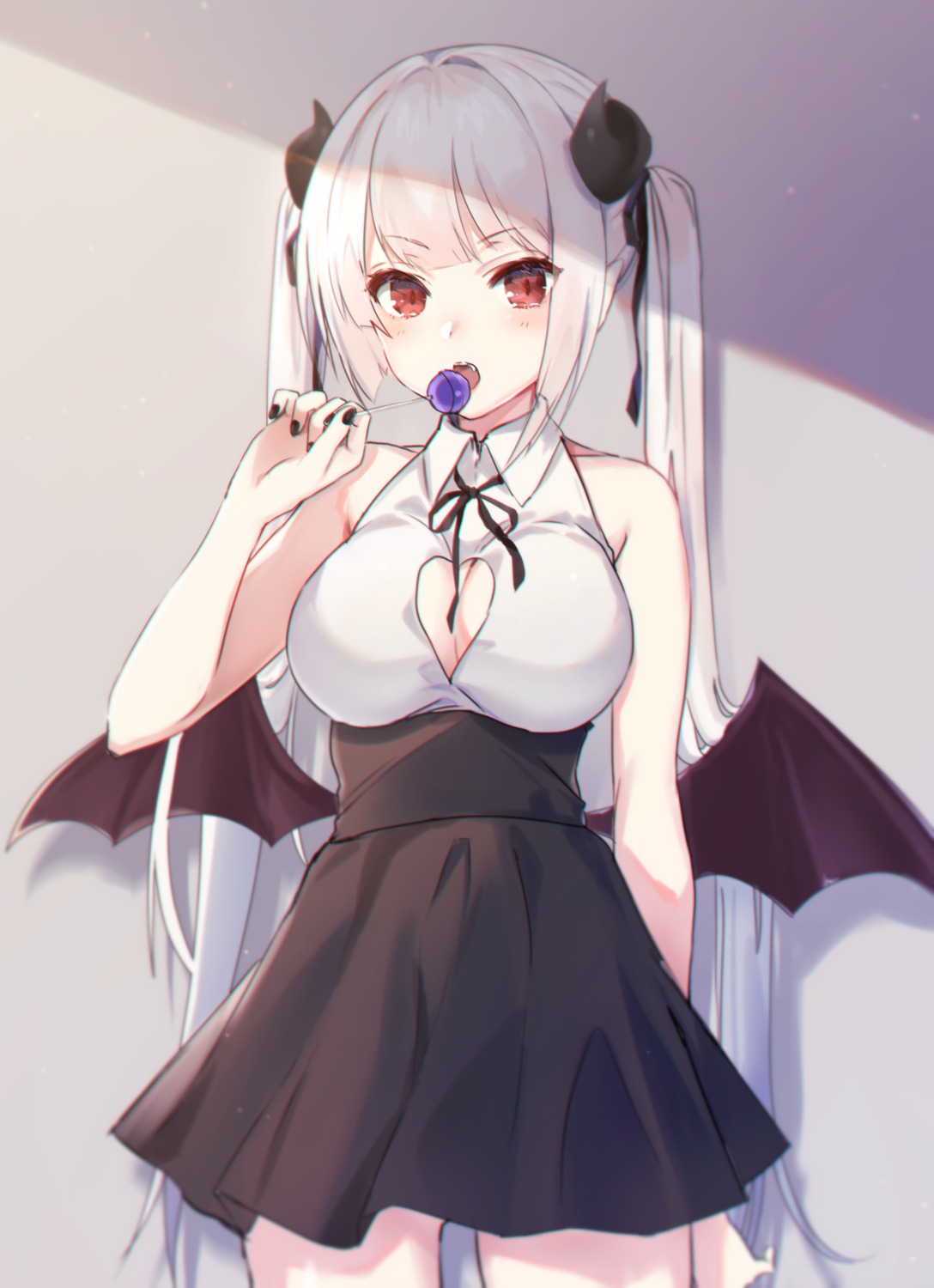 cleavage devil horns kirushi_(killcy) no_bra pointy_ears wings