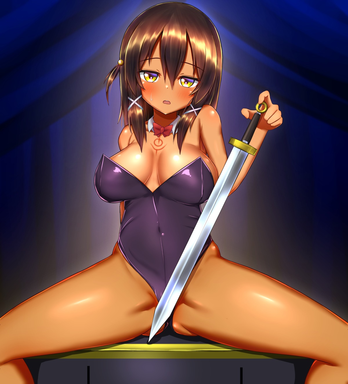 cleavage leotard nasu_(underthemoon1020) no_bra sword tattoo