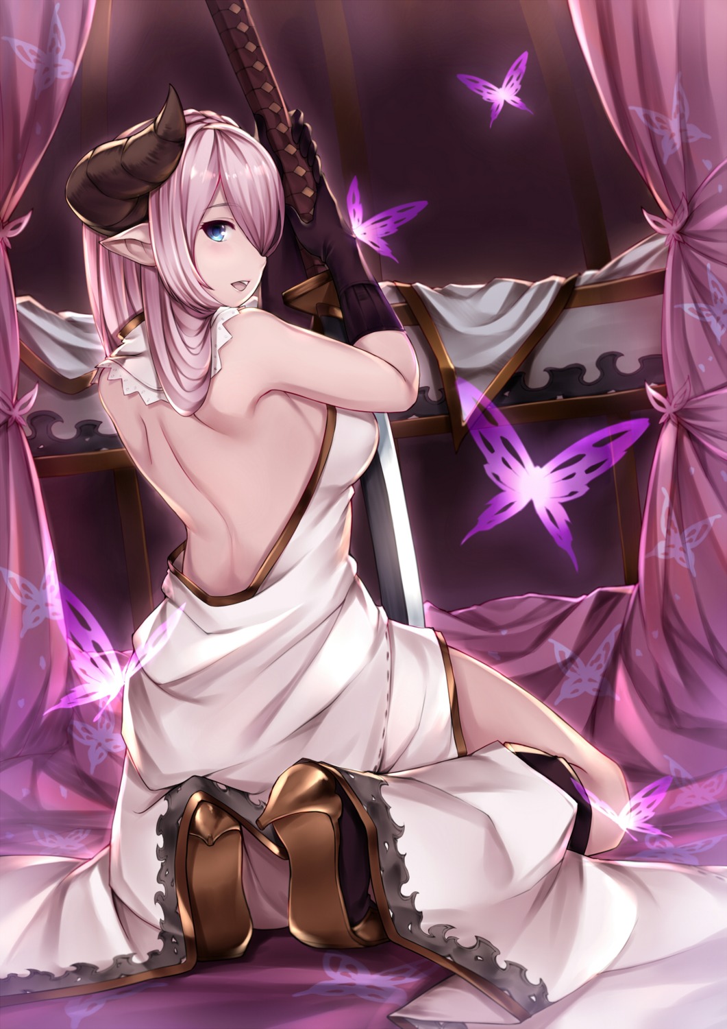 dress granblue_fantasy heels horns narumeia_(granblue_fantasy) no_bra pak_ce pointy_ears sword