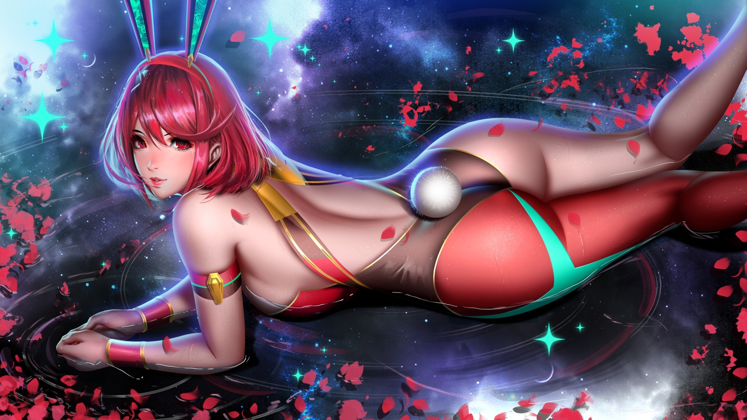 animal_ears ass bunny_ears bunny_girl homura_(xenoblade_2) liang_xing no_bra tail wet xenoblade xenoblade_chronicles_2