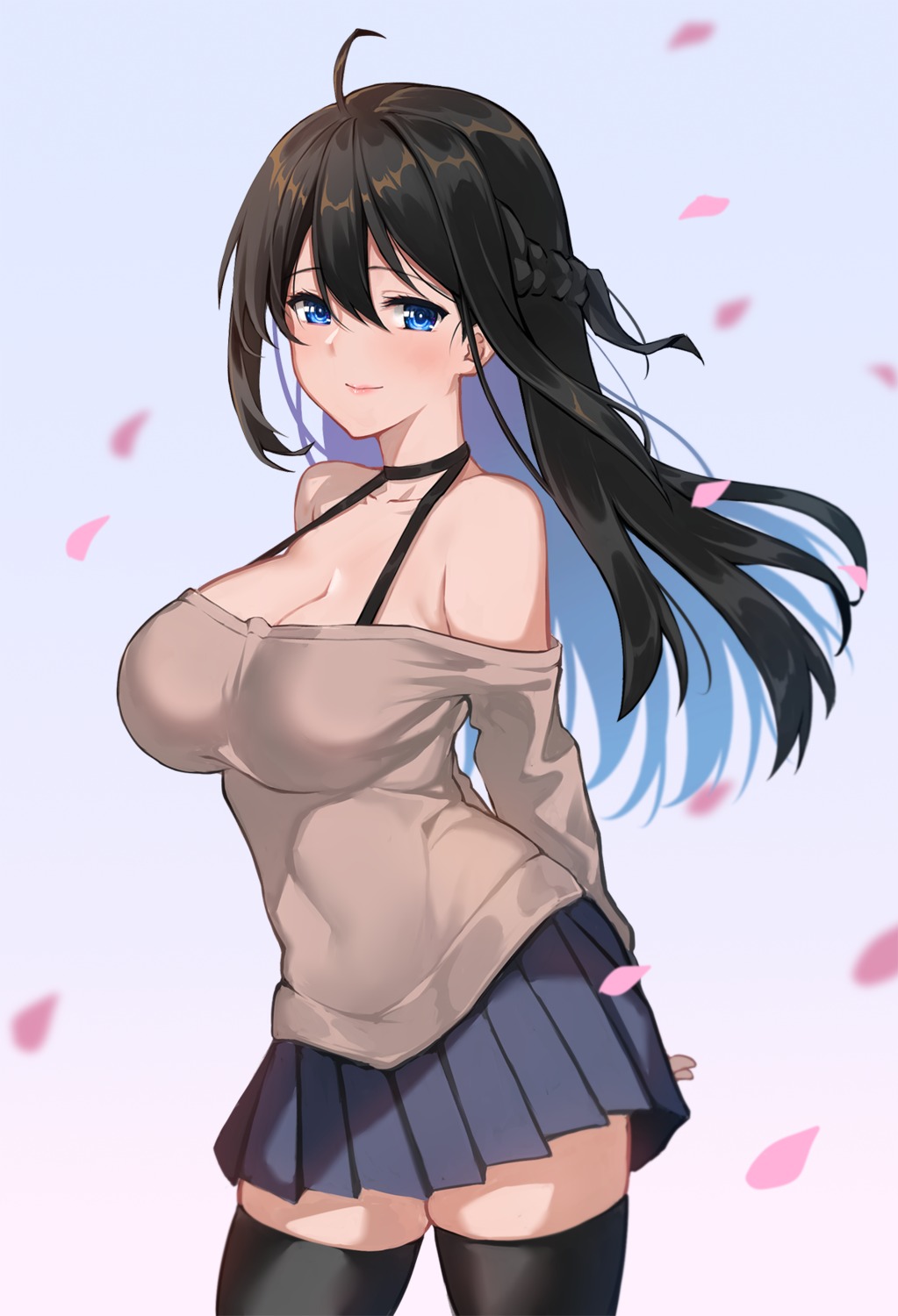 bishi_(bishi) bra cleavage sweater thighhighs