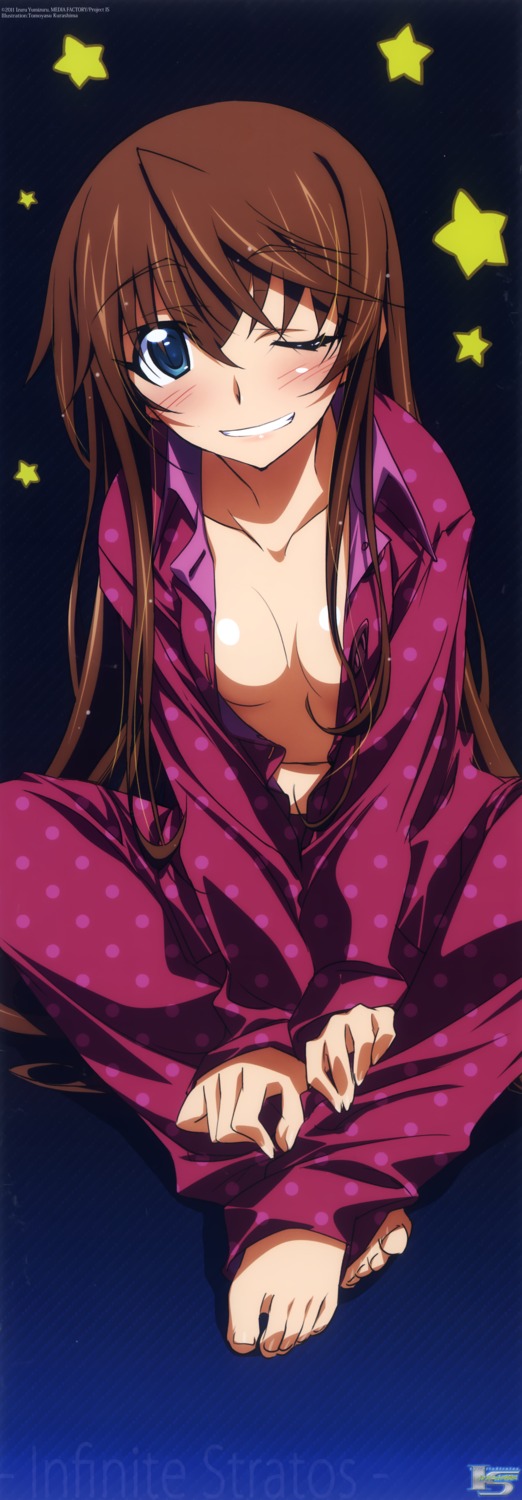 cleavage huang_lingyin infinite_stratos kurashima_tomoyasu no_bra open_shirt pajama stick_poster