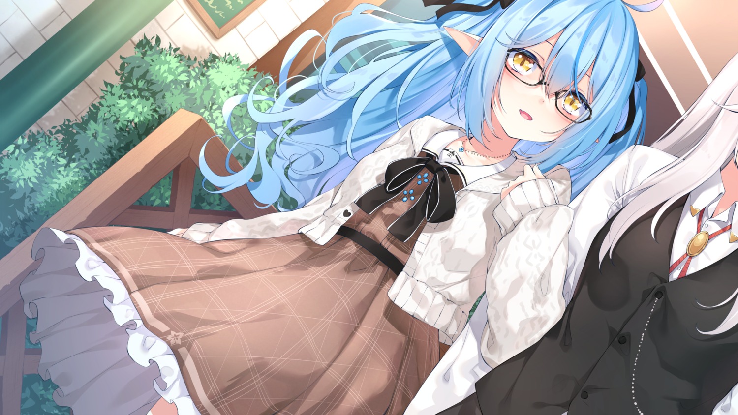 chiyonekoko hololive megane pointy_ears seifuku shishiro_botan skirt_lift sweater wallpaper yukihana_lamy