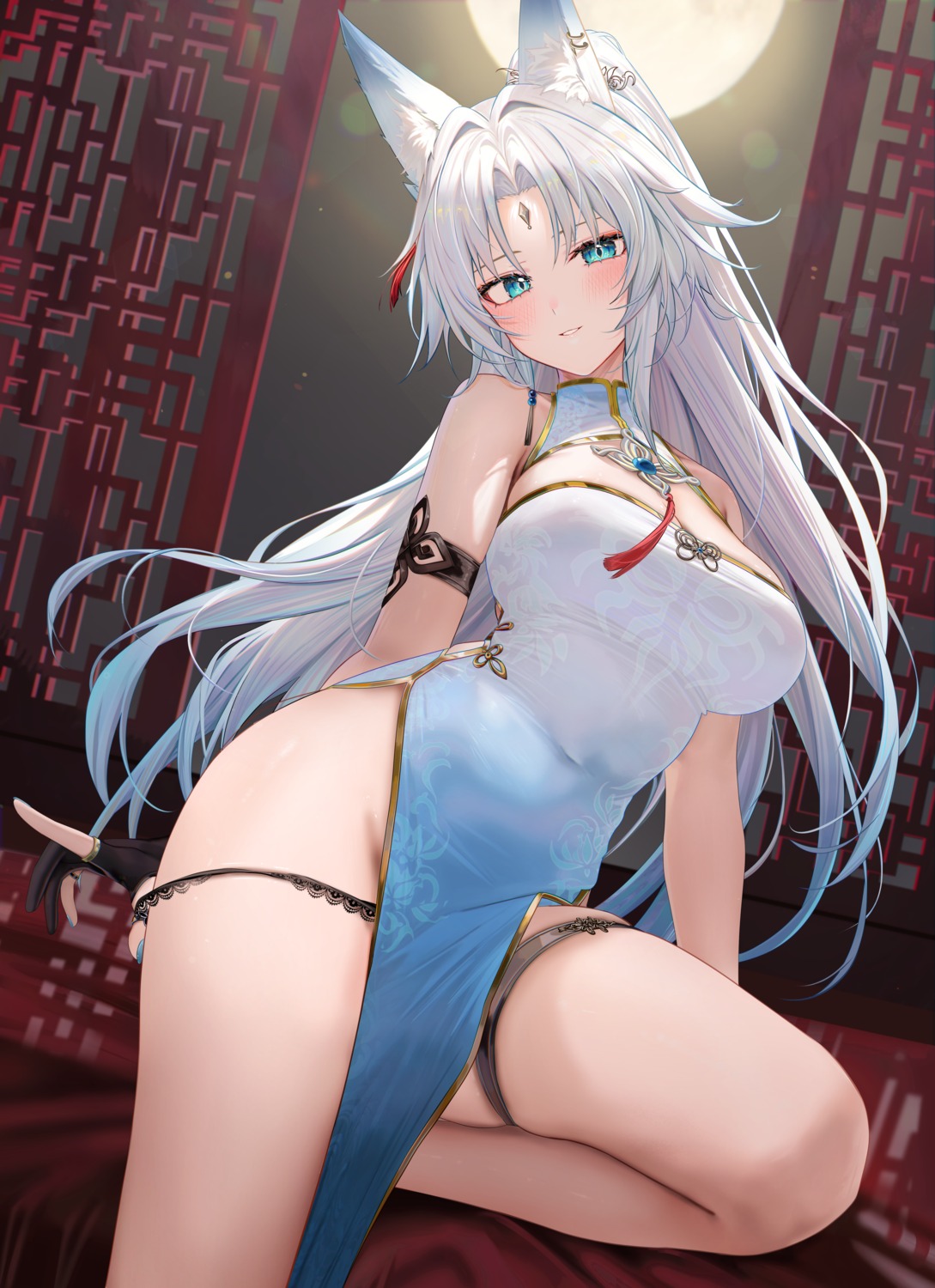 animal_ears asian_clothes feixiao garter honkai:_star_rail kitsune no_bra pantsu panty_pull ru_zhai see_through undressing