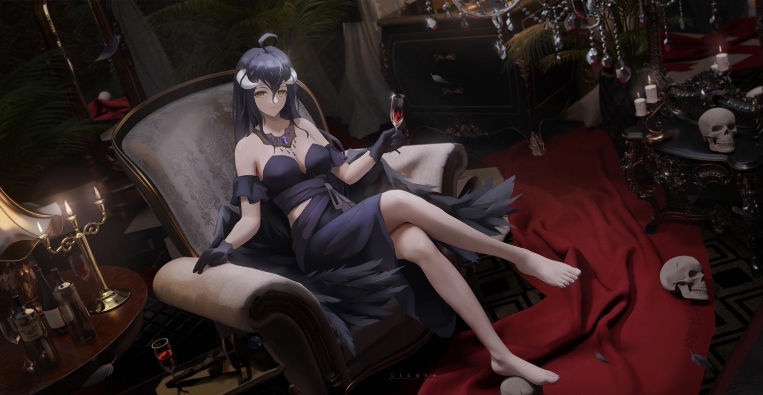 albedo_(overlord) dress feet horns lingse no_bra overlord