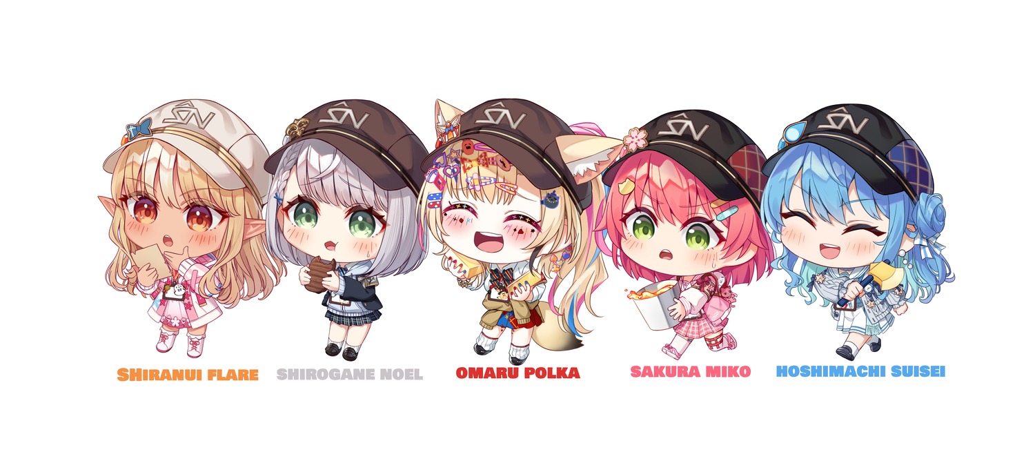 animal_ears chibi elf garter hololive hoshimachi_suisei omaru_polka pointy_ears sakura_miko seifuku shiranui_flare shirogane_noel stockings sweater tail tangdu thighhighs