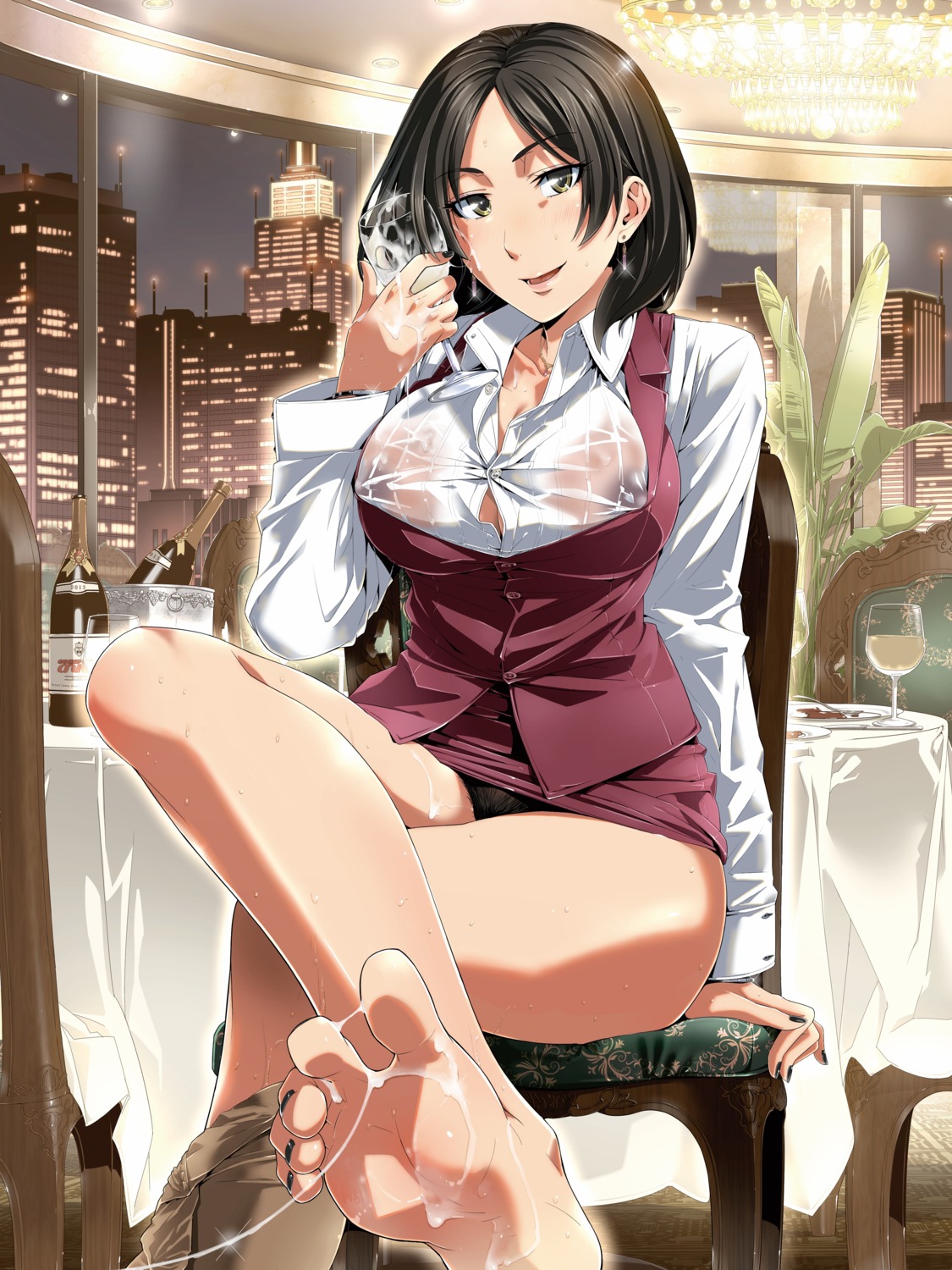 cum dress_shirt feet nipples no_bra open_shirt pantsu pubic_hair schelz see_through skirt_lift wet wet_clothes