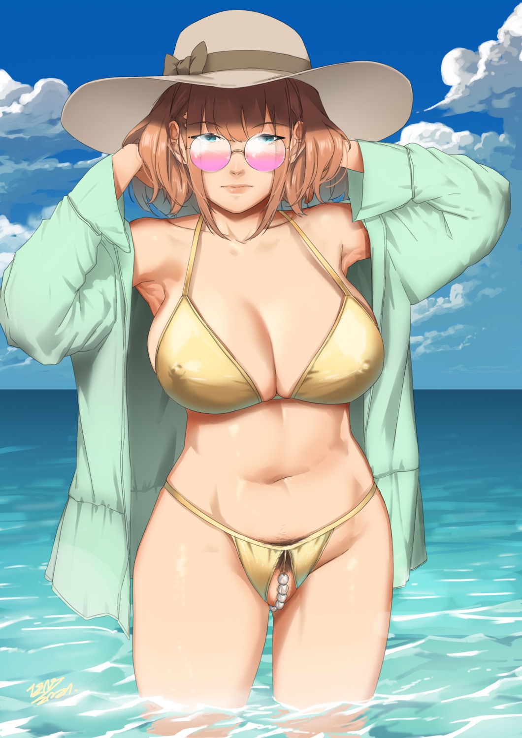 bikini erect_nipples megane open_shirt pubic_hair swimsuits thong wet zuoteng_lucha