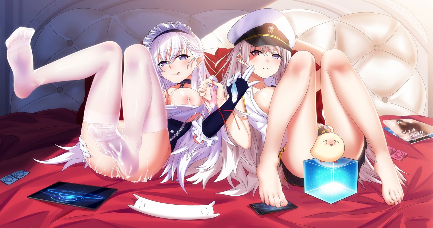 ass_grab azur_lane belfast_(azur_lane) bottomless breasts cang_se_ye_hua cum enterprise_(azur_lane) feet maid nipples no_bra nopan open_shirt skirt_lift thighhighs torn_clothes uniform