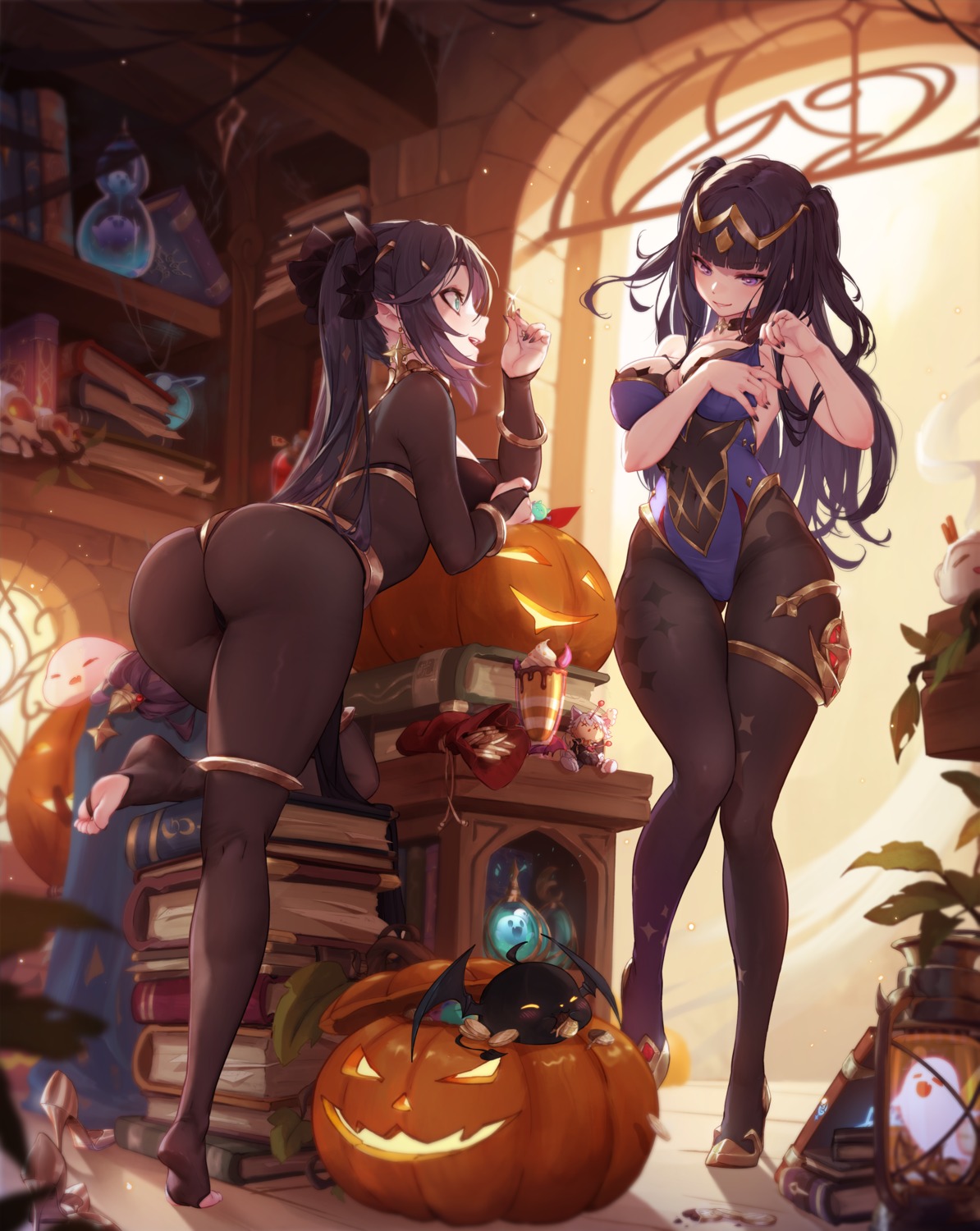 cosplay crossover fire_emblem_heroes garter genshin_impact halloween heels mitsu_(mitsu_art) mona_megistus see_through tharja thong witch