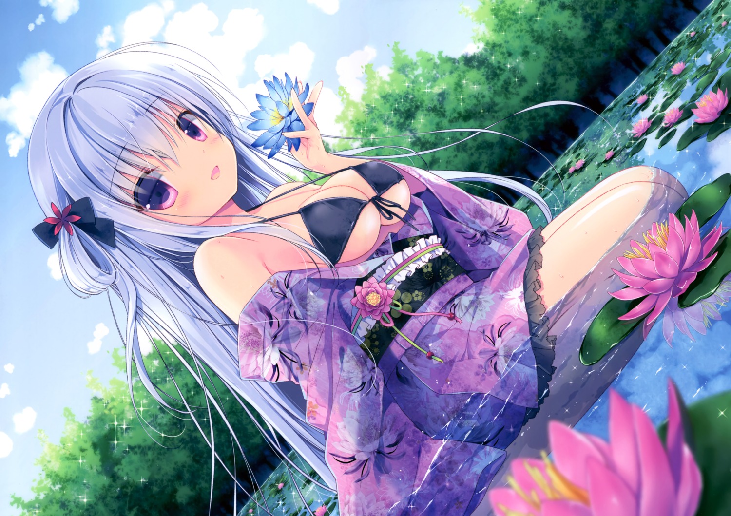 bikini_top canvas+garden cleavage kurena_(canvas+garden) miyasaka_miyu open_shirt swimsuits underboob wet yukata