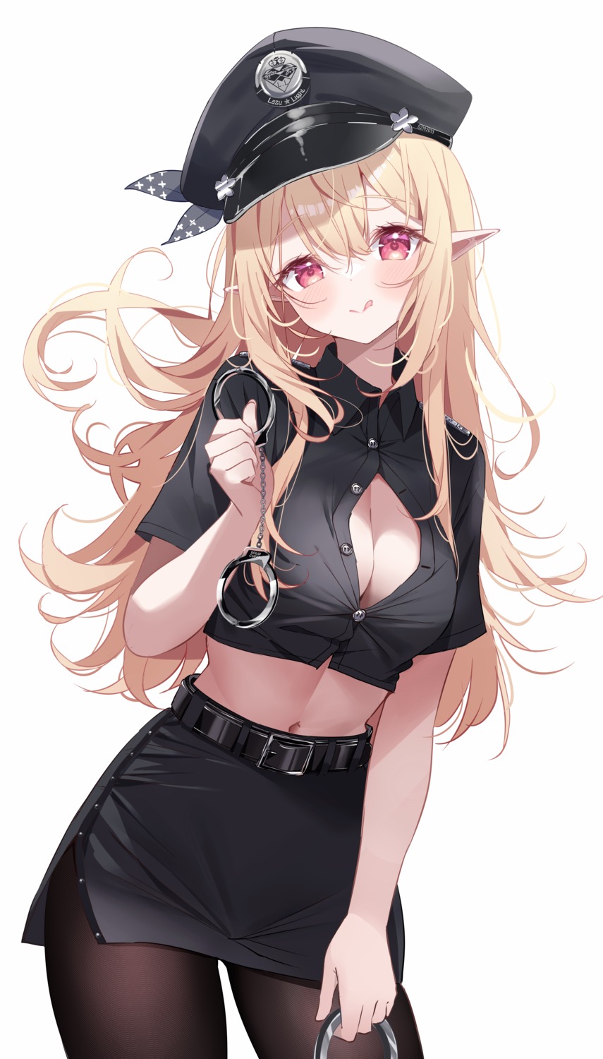 deyui nijisanji nijisanji_en no_bra open_shirt pantyhose pointy_ears police_uniform pomu_rainpuff