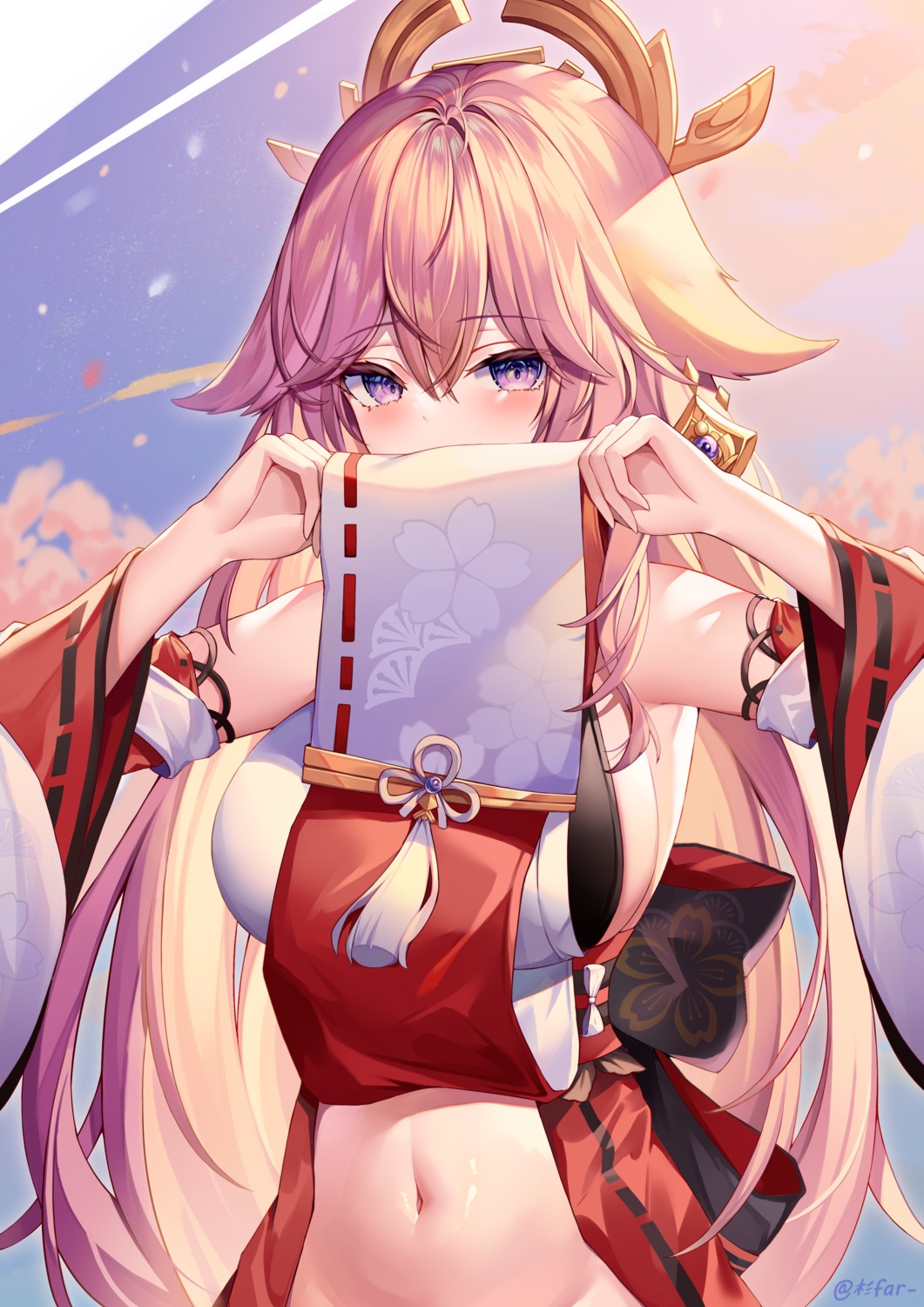 animal_ears genshin_impact japanese_clothes kitsune no_bra nopan shan_far skirt_lift yae_miko