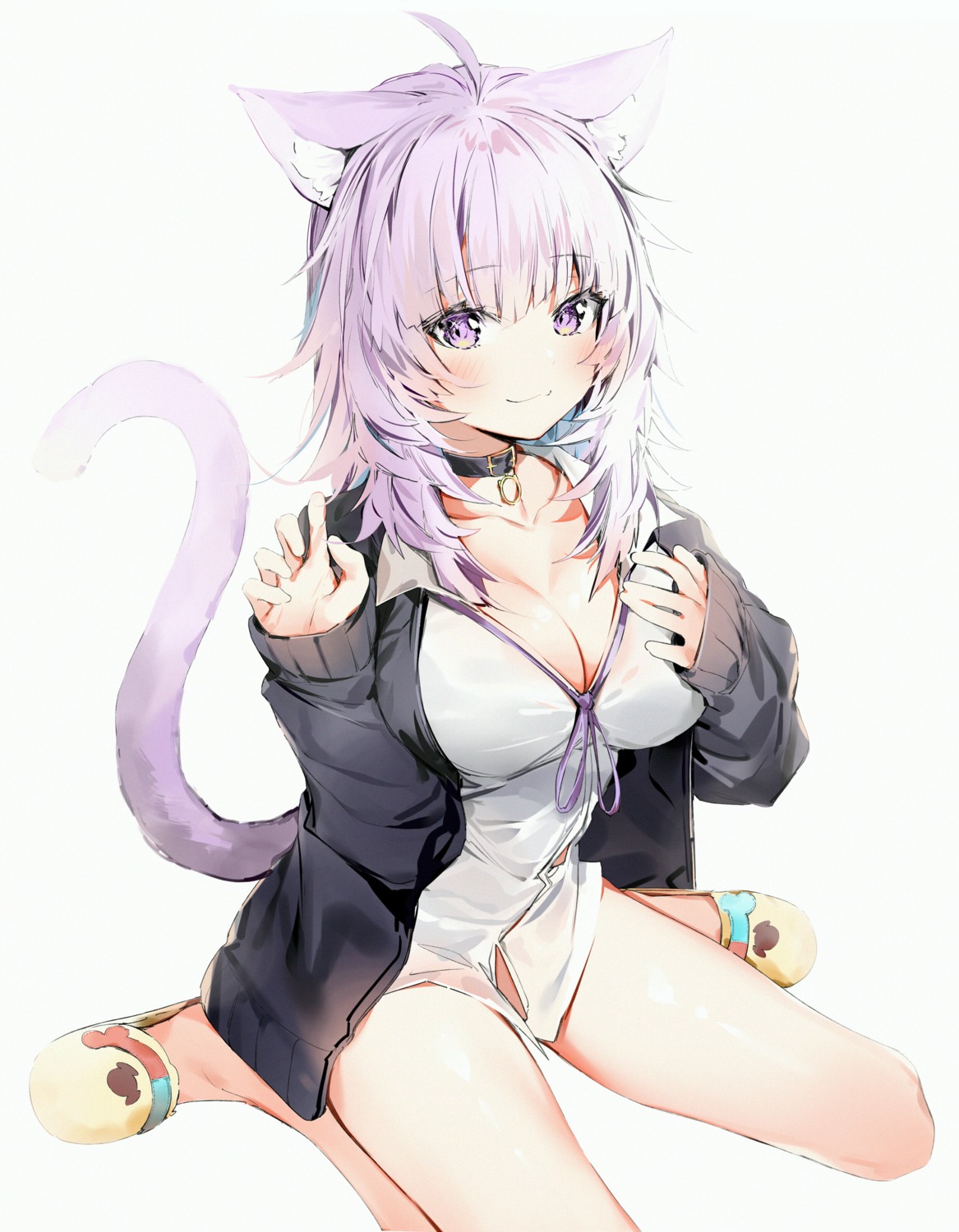 animal_ears cleavage dress_shirt hololive hololive_gamers nekomata_okayu nekomimi open_shirt see_through silver_(chenwen) sweater tail