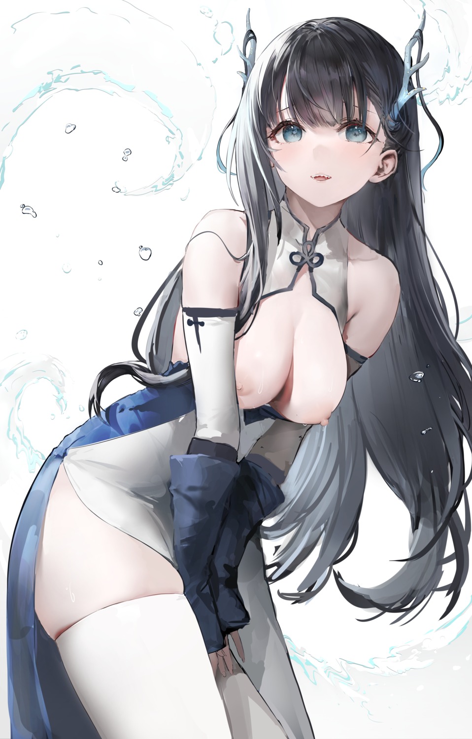 breasts chinadress haori_io horns nipples no_bra thighhighs