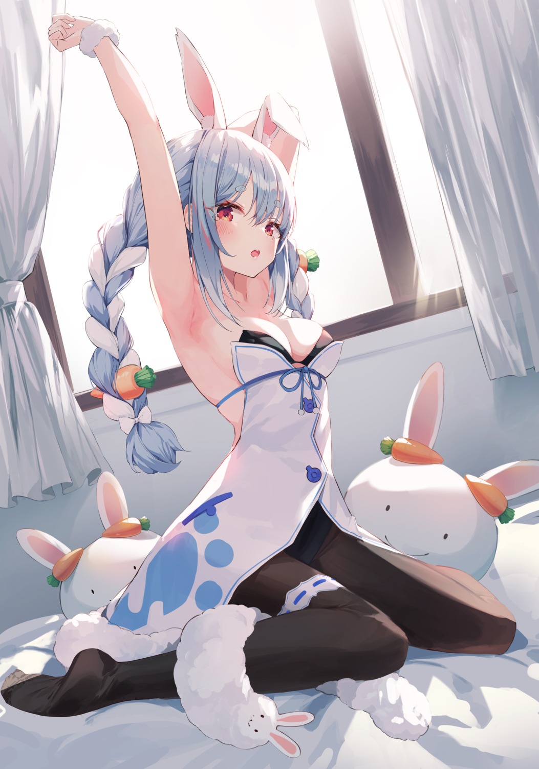 animal_ears bunny_ears bunny_girl dress garter hololive munseonghwa no_bra pantyhose usada_pekora