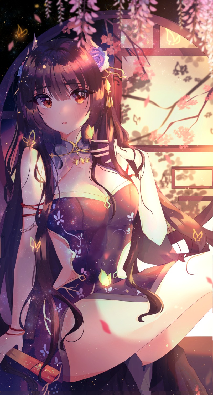 asian_clothes azur_lane cleavage hiei_(azur_lane) horns skirt_lift wine_(2148_wine)