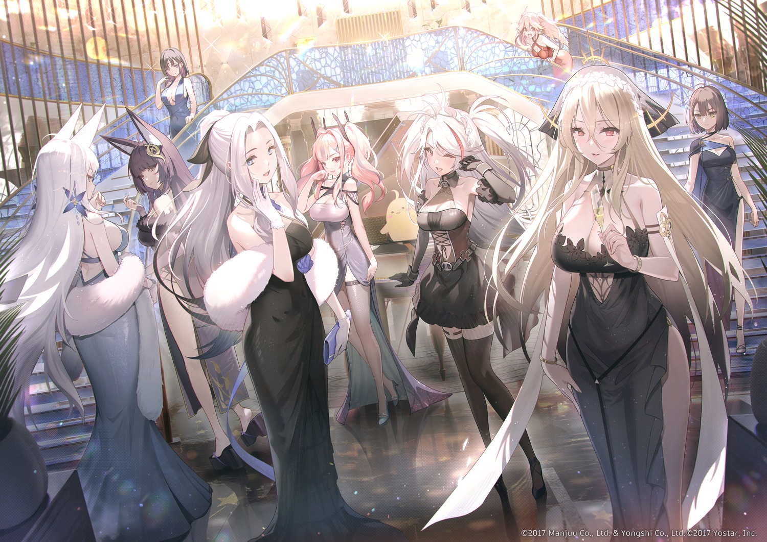 animal_ears azur_lane baltimore_(azur_lane) bluecher_(azur_lane) bremerton_(azur_lane) dress heels implacable_(azur_lane) kitsune manjuu_(azur_lane) musashi_(azur_lane) no_bra prinz_eugen_(azur_lane) see_through shazhiqiao shinano_(azur_lane) thighhighs ting_an_(azur_lane) yorktown_(azur_lane)