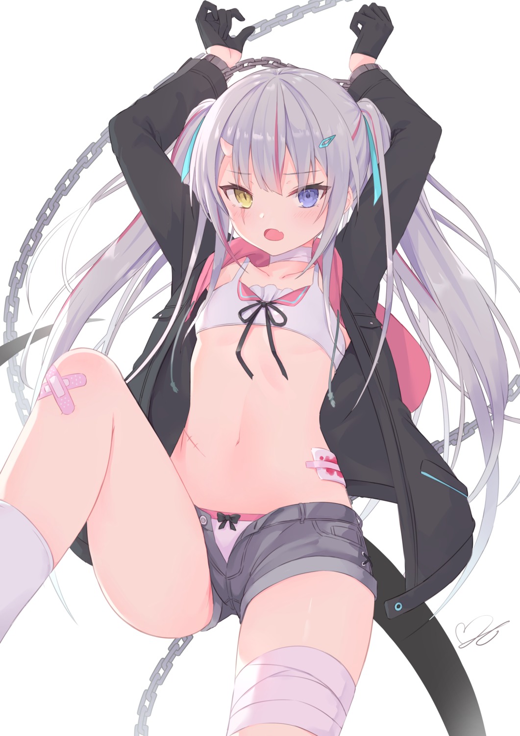 bandages bandaid blood bondage bra heartsix heterochromia horns open_shirt pantsu tail