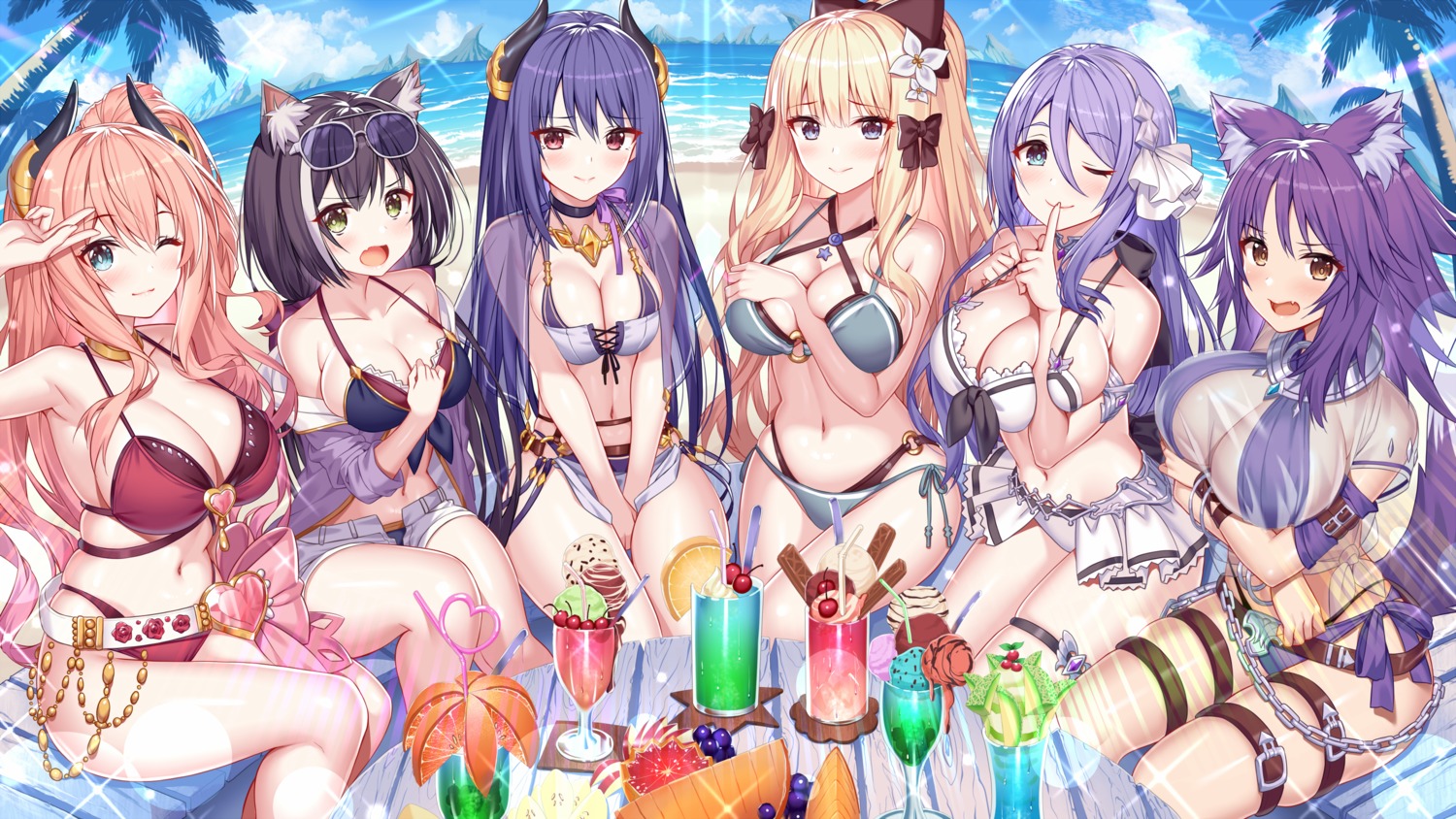 aki_makoto akusema animal_ears bikini breast_hold cleavage garter horns hoshino_shizuru karyl_(princess_connect) megane minami_suzuna nekomimi princess_connect! princess_connect!_re:dive sasaki_saren see_through shijou_rei swimsuits