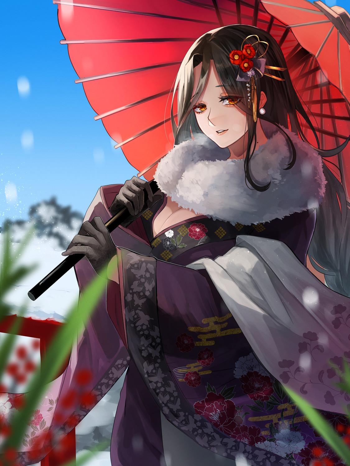 cleavage kimono nekotokage nijisanji open_shirt shirayuki_tomoe umbrella