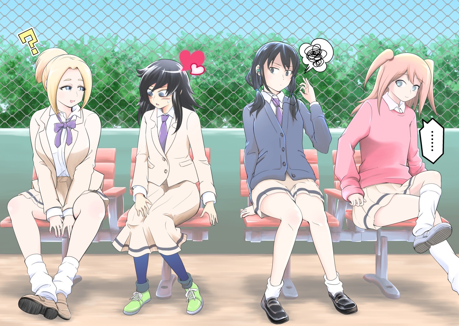 anna_(watamote) kuroki_tomoko nakano_hitomi nemoto_hina seifuku skirt_lift sweater tamura_yuri watashi_ga_motenai_no_wa_dou_kangaetemo_omaera_ga_warui! yuri