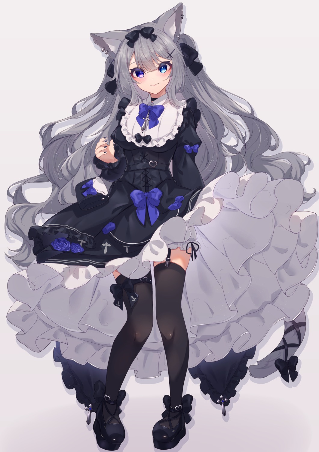 animal_ears dress gothic_lolita heterochromia hinata_(pixiv53862745) lolita_fashion nekomimi skirt_lift stockings tail thighhighs