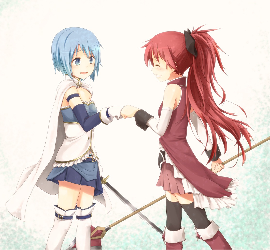 miki_sayaka puella_magi_madoka_magica sakura_kyouko sword tatsuno_ryou thighhighs