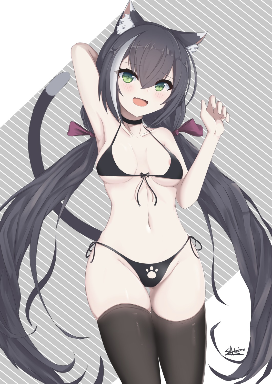 animal_ears areola bikini ichikawayan karyl_(princess_connect) nekomimi princess_connect princess_connect!_re:dive swimsuits tail thighhighs wardrobe_malfunction