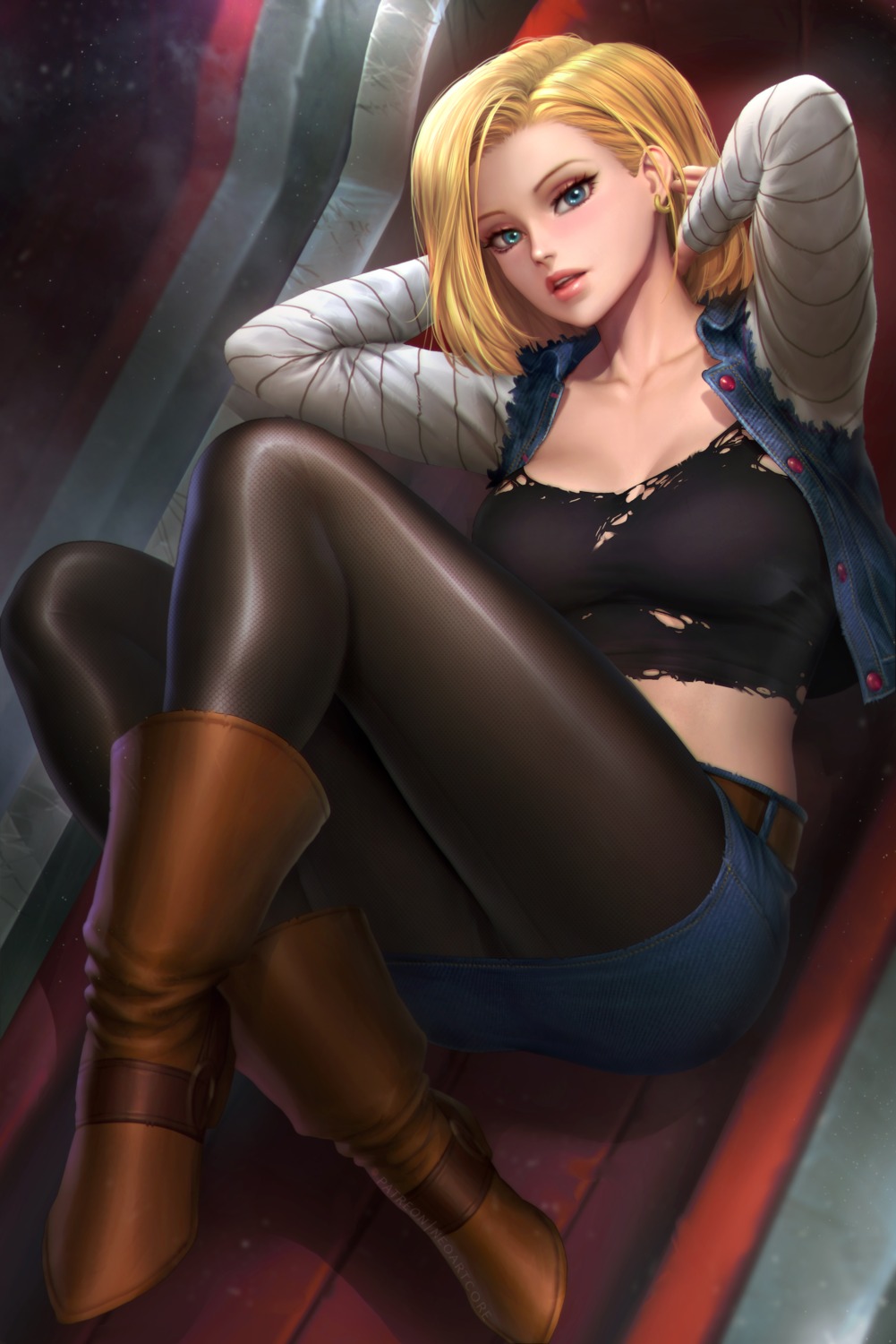 android_18 dragon_ball nudtawut_thongmai open_shirt pantsu pantyhose torn_clothes